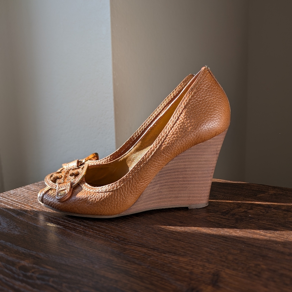 Tory Burch Brown Pebble Leather Open Toe Wedge Heels